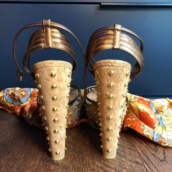 Gucci Brown Leather Studded Cork Wedge Sandals - Picture 5 of 12